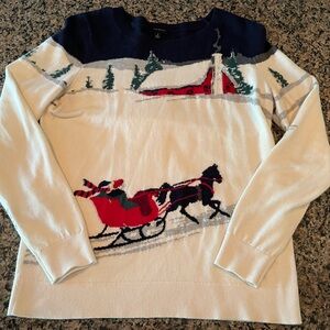 Talbots Cream and Navy Sweater with Red Sleigh Scene